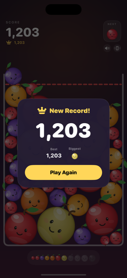 The end-of-run score card showing a new record