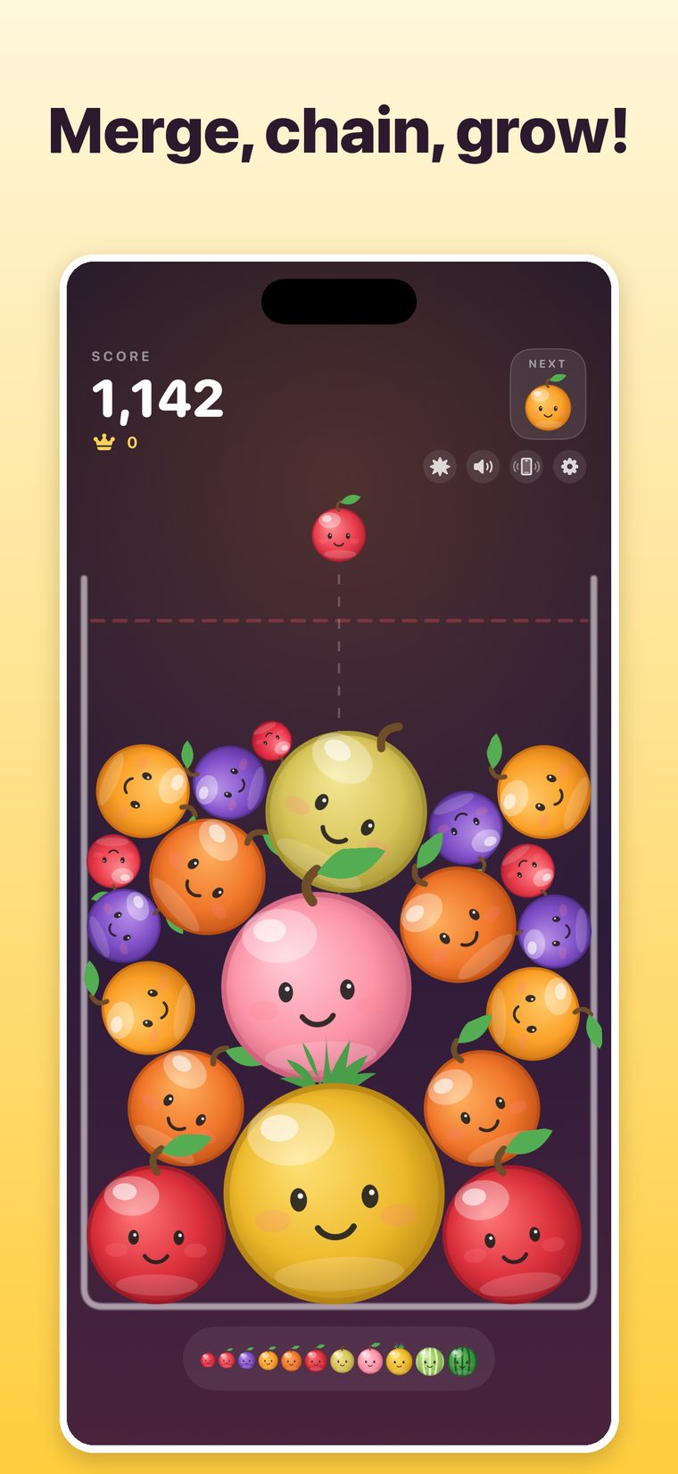 Juicy Jar gameplay: a jar packed with smiling fruit, a pineapple resting at the bottom and a score of 1,142.