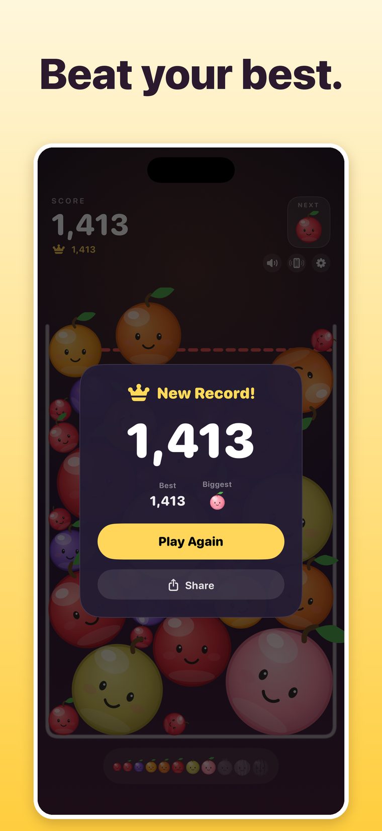 The new record screen showing a best score of 1,412 with Play Again and Share.