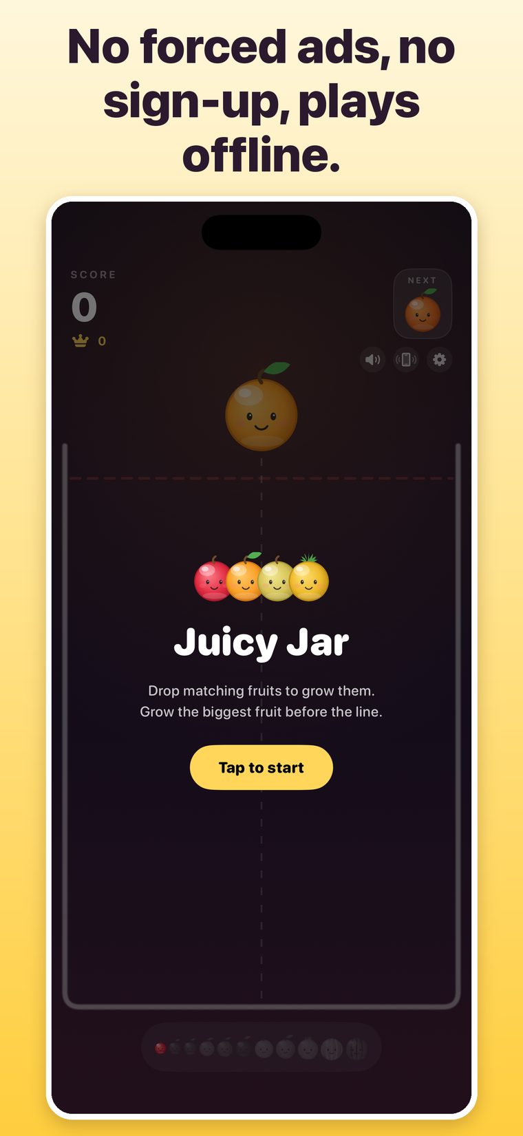 The Juicy Jar title screen: drop matching fruits to grow them before the pile reaches the line.