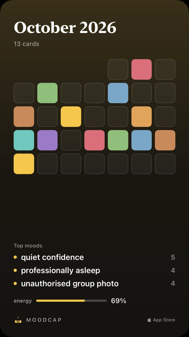 The monthly palette card for October 2026 (sample month): 13 cards, one colour square per day, top moods quiet confidence, professionally asleep and unauthorised group photo, average energy 69%.