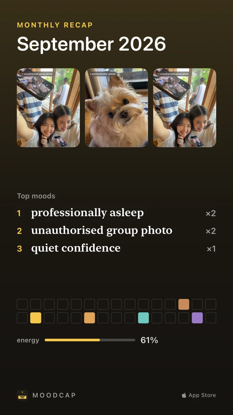 The monthly recap poster for September 2026 (sample month): three photos (two friends taking a selfie, a dog, the same selfie again), the top moods professionally asleep, unauthorised group photo and quiet confidence, a grid of colour squares for each day, and average energy 61%.