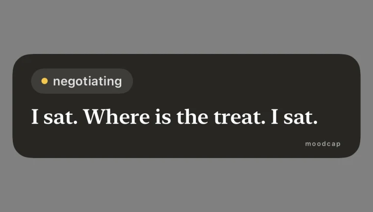 A line sticker: a dark rounded label with the mood chip &ldquo;negotiating&rdquo; and the line &ldquo;I sat. Where is the treat. I sat.&rdquo;, shown over a grey background to stand for your own story.