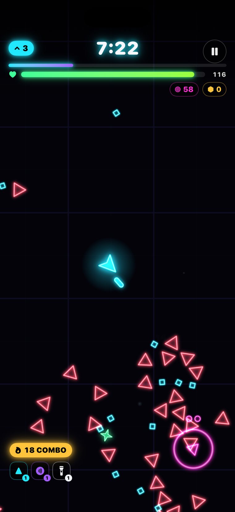 Neon Horde gameplay: a glowing ship surrounded by a swarm of neon enemies at an 18 combo, 7:22 on the clock.
