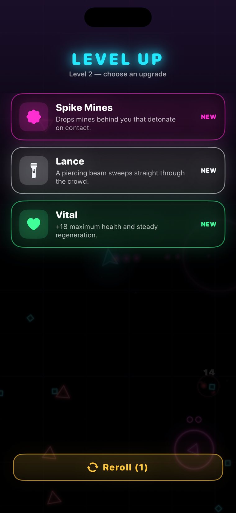 The level-up screen offering Spike Mines, Lance and Vital, each marked new.