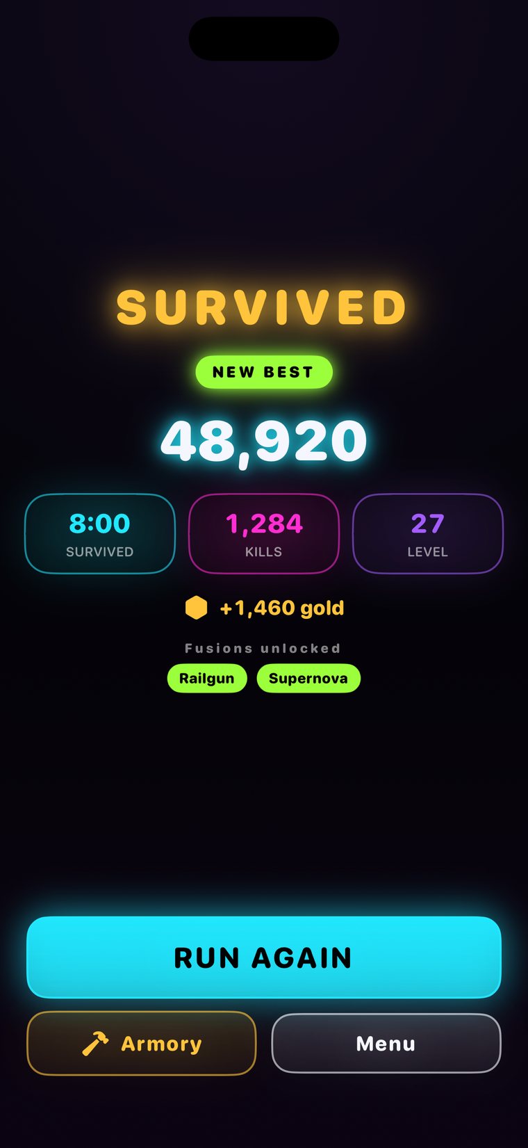 A results screen: SURVIVED, new best 48,920, eight minutes, 1,284 kills, level 27, Railgun and Supernova fusions unlocked.
