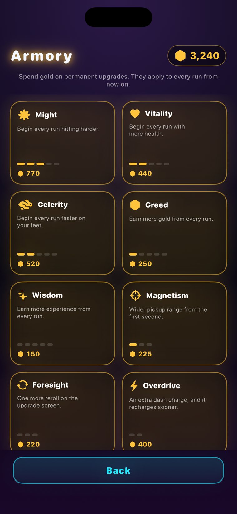 The Armory: Might, Vitality, Celerity, Greed, Wisdom, Magnetism, Foresight and Overdrive, priced in gold.