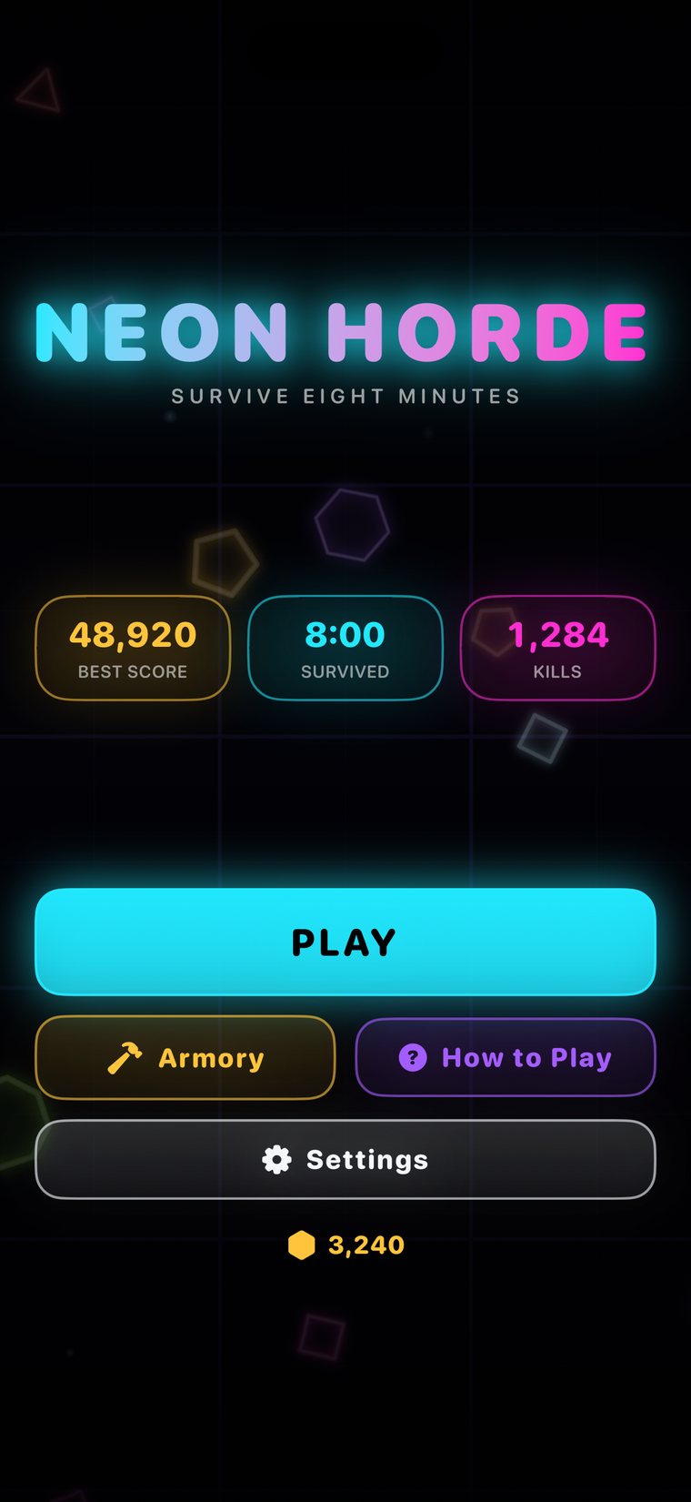 The Neon Horde title screen: best score 48,920, 8:00 survived and 1,284 kills above the Play, Armory, How to Play and Settings buttons.