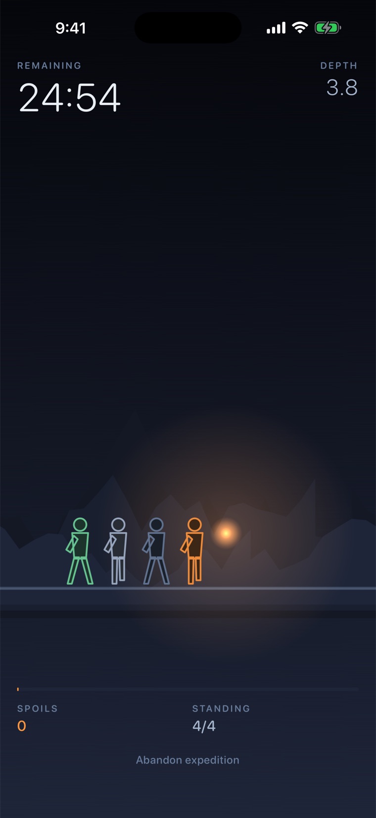 세션 중인 Nightwalk 화면: 달빛 아래 골짜기를 걷는 4인 원정대, 남은 시간 24분.