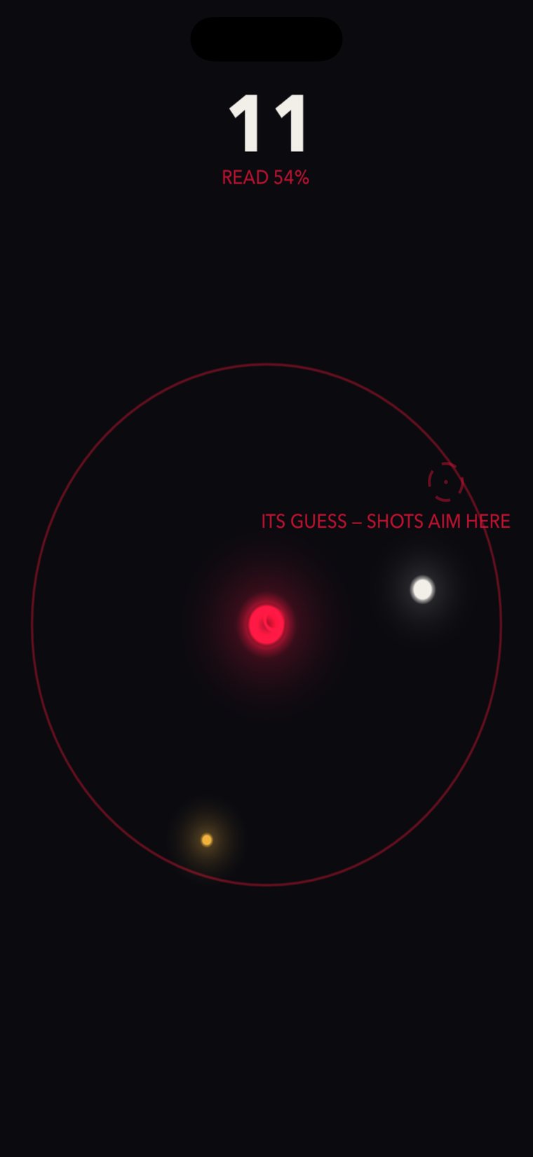 TELL gameplay: a red eye at the centre of a dark arena, its guess drawn as a ghost marked “its guess — shots aim here”, READ at 54%.