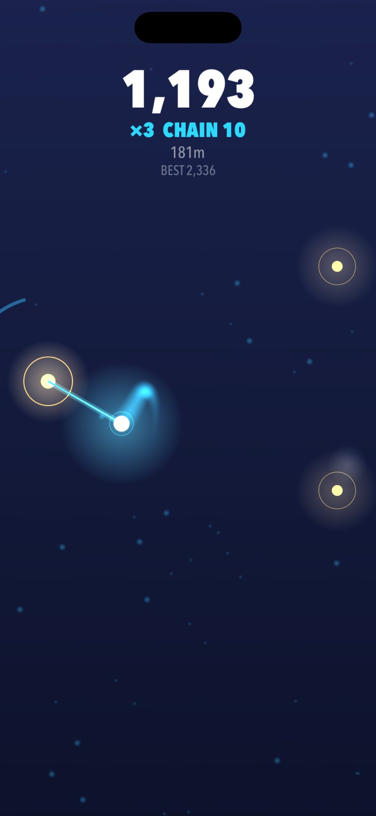 TETHER gameplay: a point of light swinging from a glowing anchor across a starfield, 1,193 points on a ×3 chain.