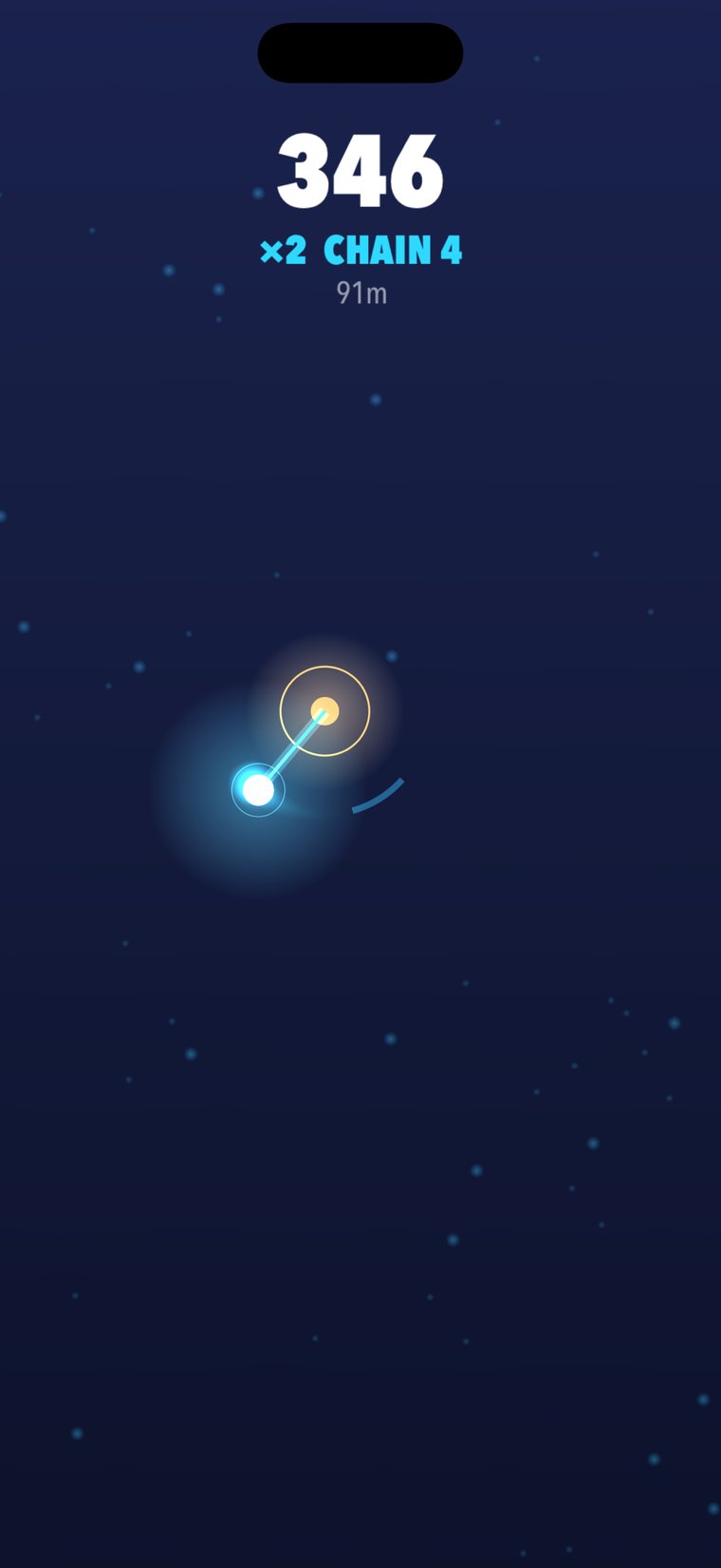 A swing in progress at 346 points, the tether drawn taut between the light and its anchor.