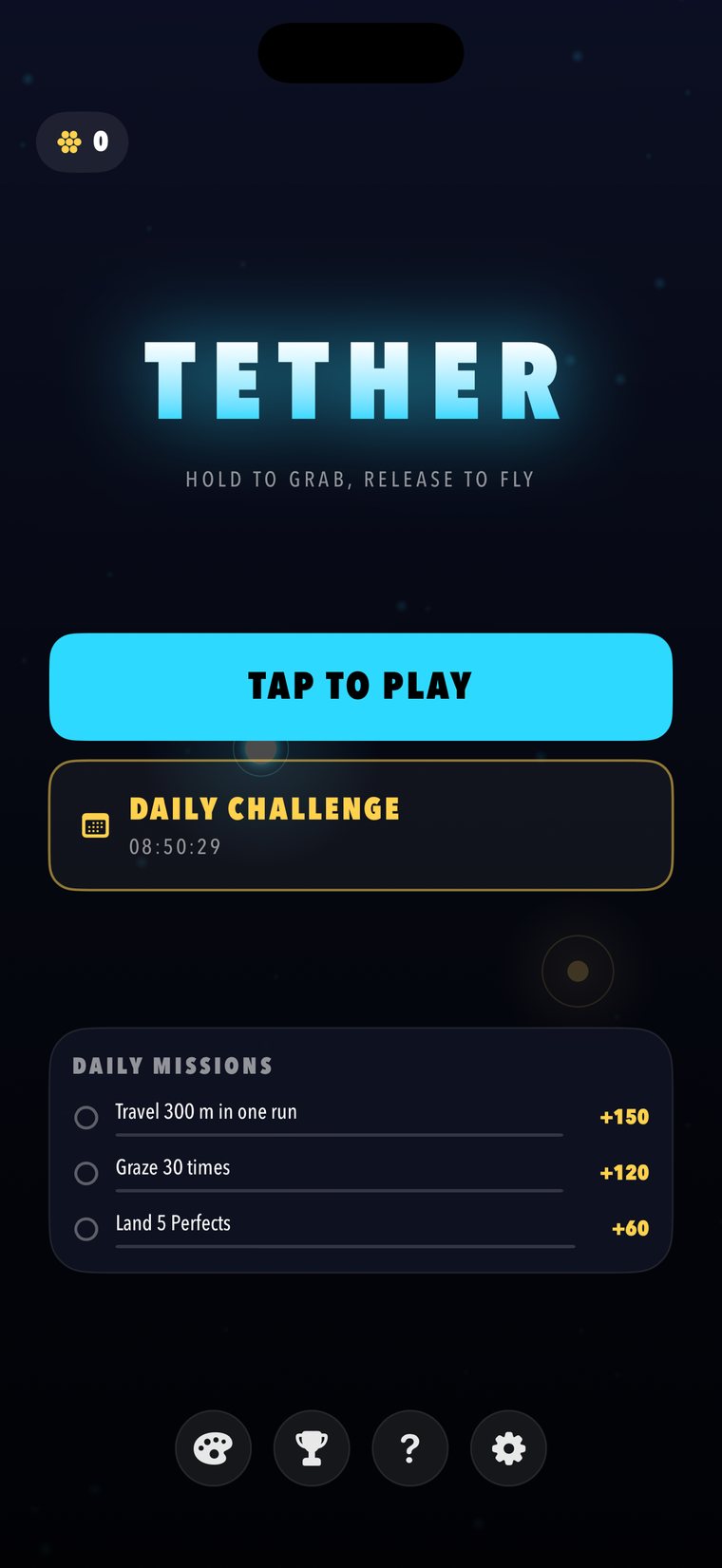 The TETHER menu with Tap to Play, a daily challenge countdown and three shared daily missions.