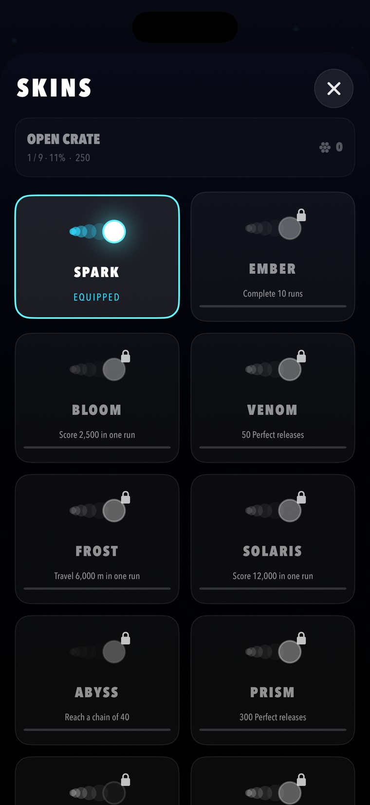 The skins screen: Spark equipped, with Ember, Bloom, Venom, Frost, Solaris, Abyss and Prism locked behind play goals.