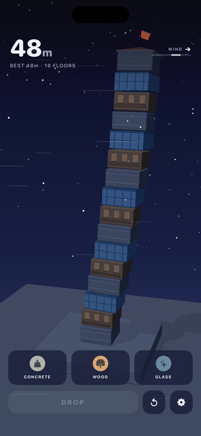 A sixteen-floor tower at 48 metres, built into a deep blue starry night sky.