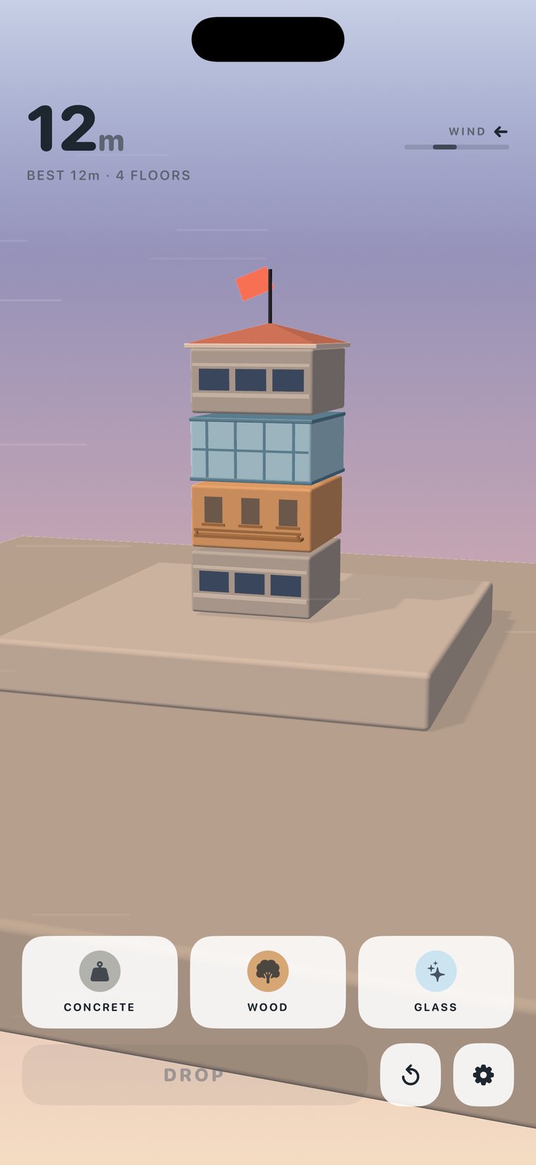 An early tower of four floors on a clear morning, the material cards for concrete, wood and glass at the bottom of the screen.
